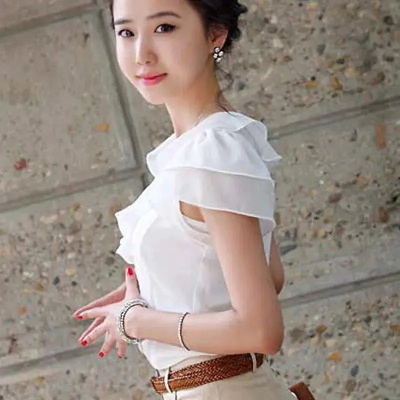 White women's blouse with layered ruffle sleeves, office-ready top