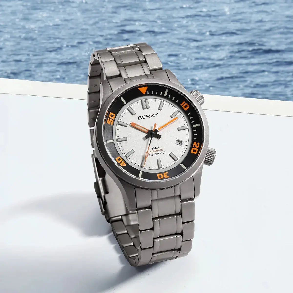 BERNY titanium automatic diver watch for men, white dial, orange accents, black bezel, 20ATM, titanium bracelet