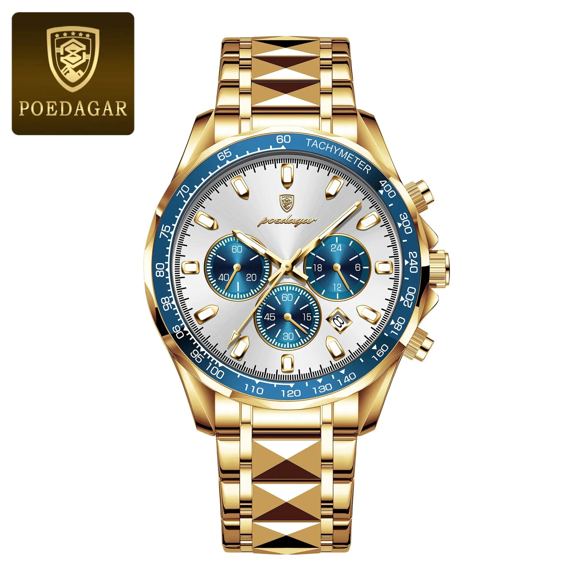 POEDAGAR men's gold-tone stainless steel chronograph watch, waterproof with blue tachymeter bezel