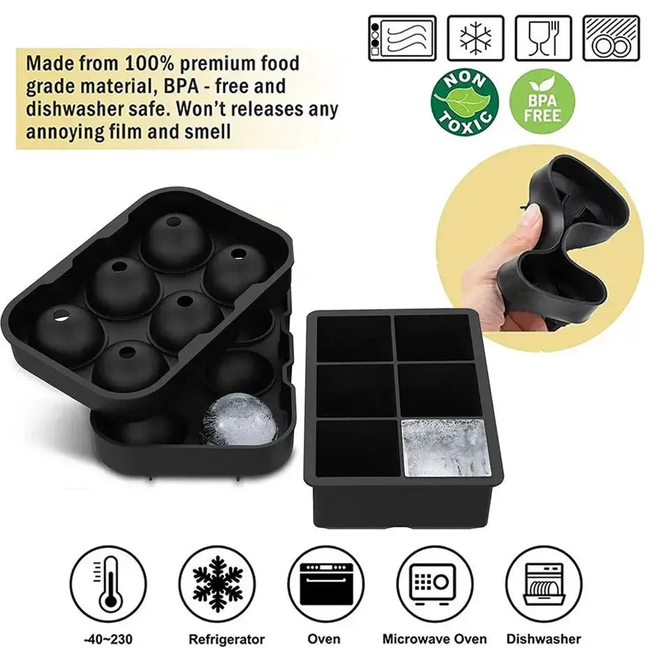 Simples Market black silicone ice cube mold set with round ball cavities and grid ice tray with lid