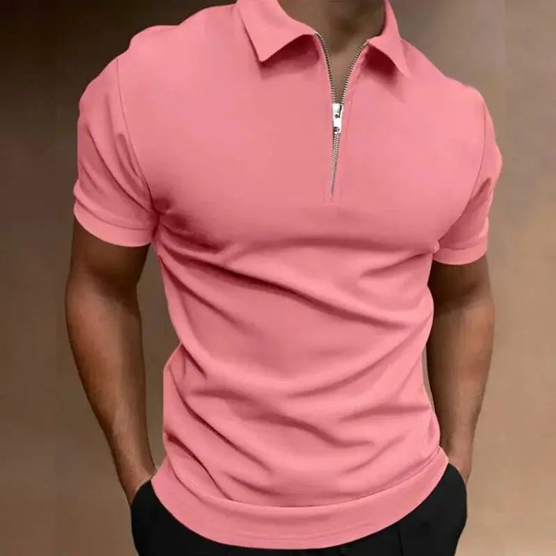 Pink men's polo shirt with short sleeves and zip collar for casual streetwear.