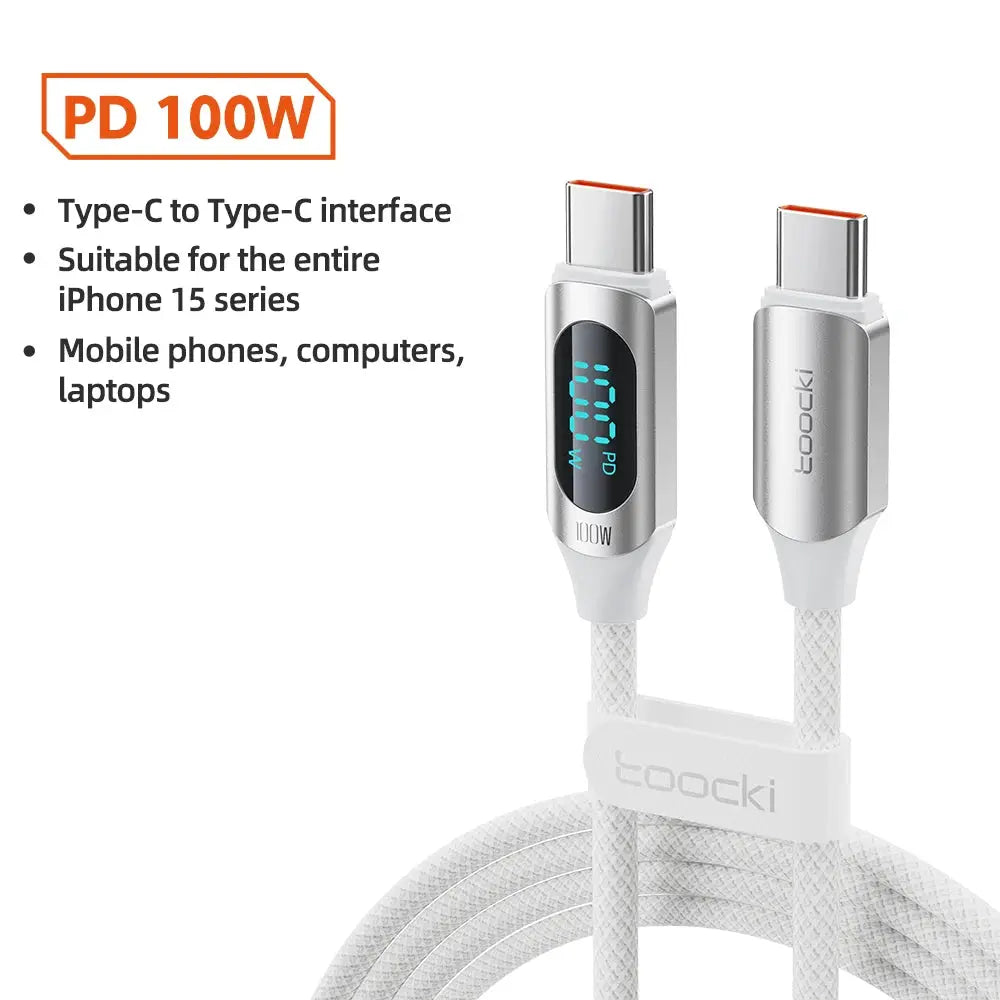 Toocki USB-C to USB-C 100W PD cable, white braided with PD display on connector