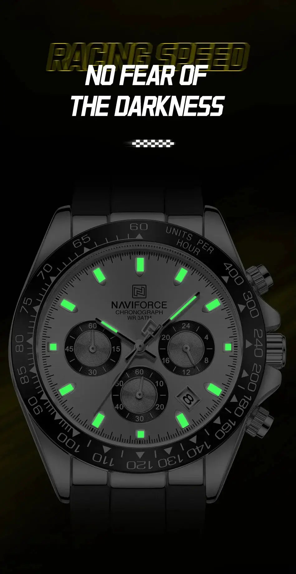 Naviforce chronograph men's wristwatch with black bezel, gray dial, and green luminous markers on a metal bracelet.