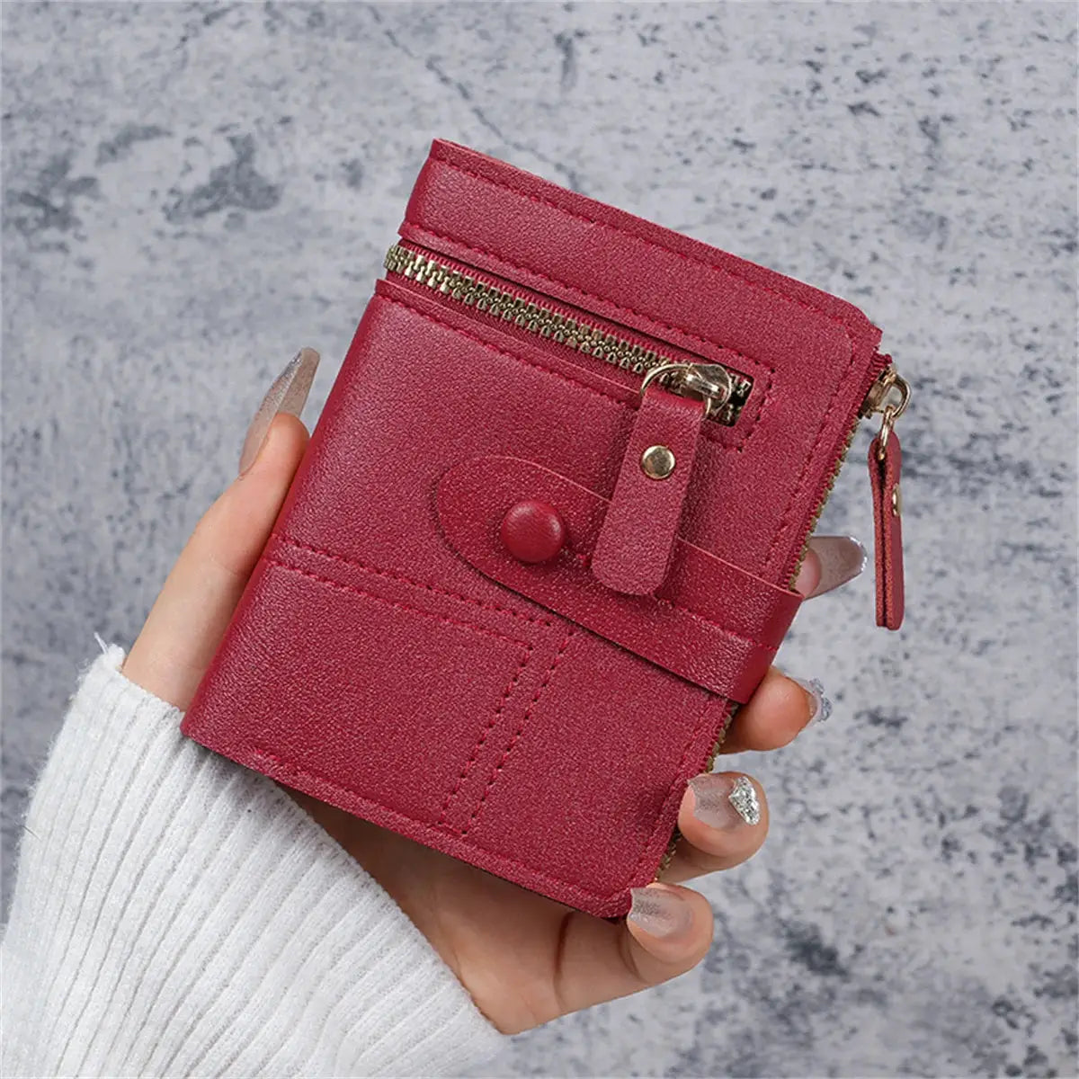 Wallet Simples Market red faux leather compact ladies wallet with card clip and snap strap