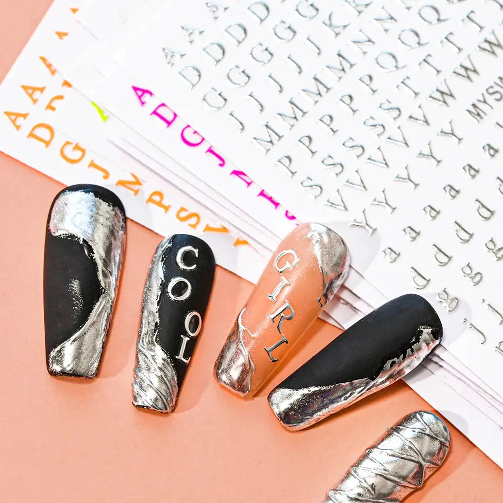 Alphabet nail stickers by Simples Market; silver/gold 26-letter decals for self-adhesive manicure 8x10cm