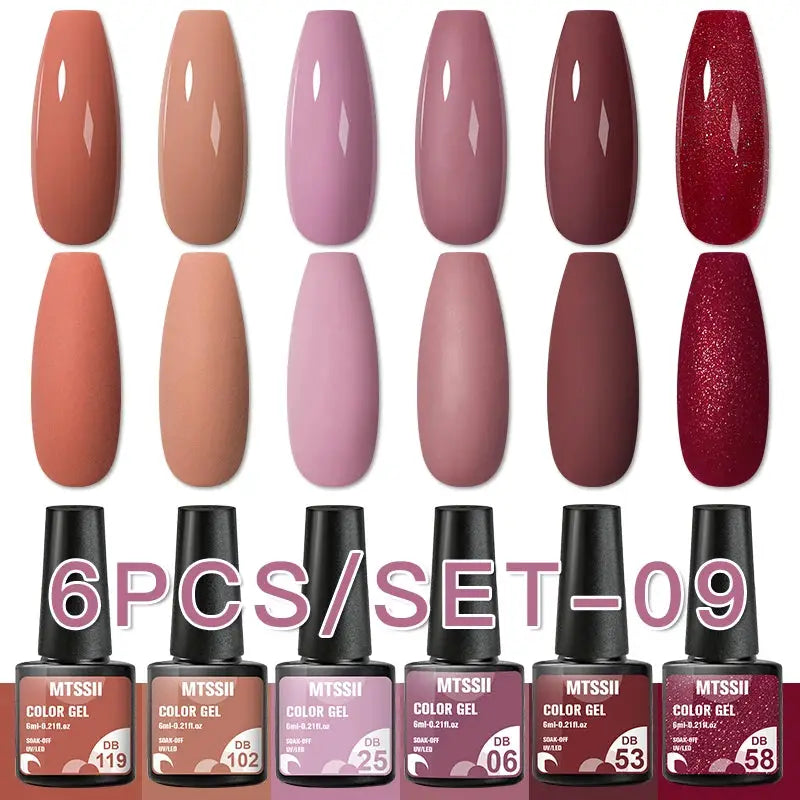 Simples Market 6-color gel nail polish set with nude to red glitter shades, 6 bottles