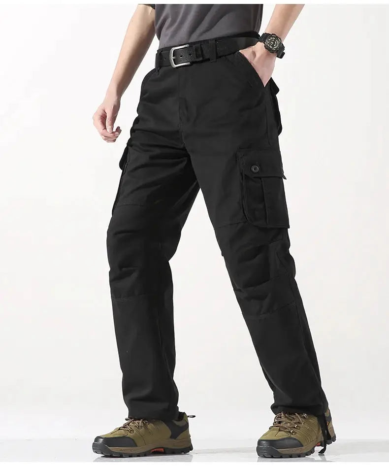 Men's tactical cargo pants, black cotton outdoor work trousers with cargo pockets.