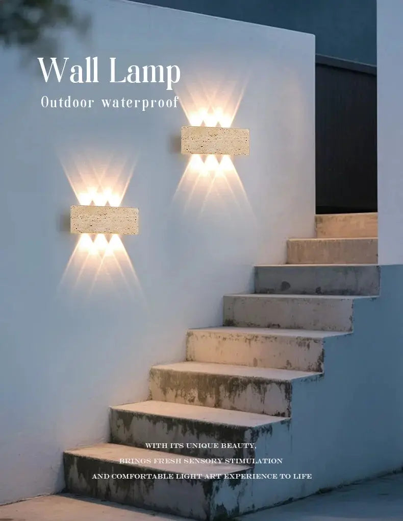Two Wabi-sabi outdoor waterproof wall lamps with natural stone strips, 12W LED exterior lighting