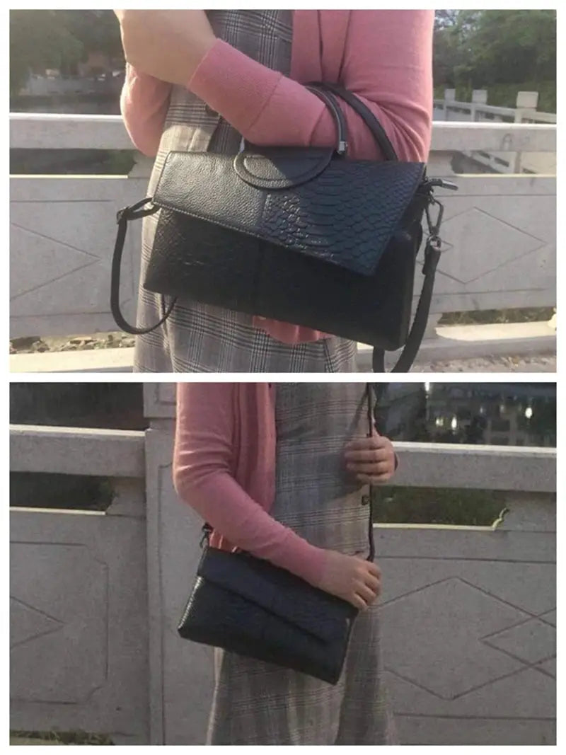 Shoulder crossbody bag in black PU leather with alligator-pattern flap