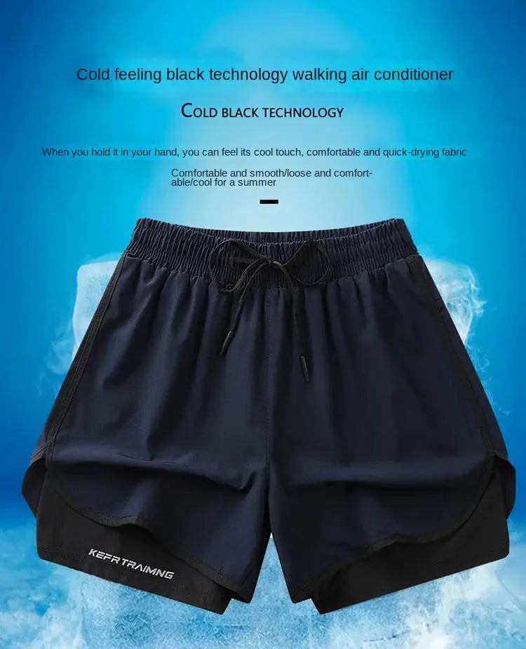 Simples Market navy quick-dry running shorts with black trim and drawstring; KEF Training logo.
