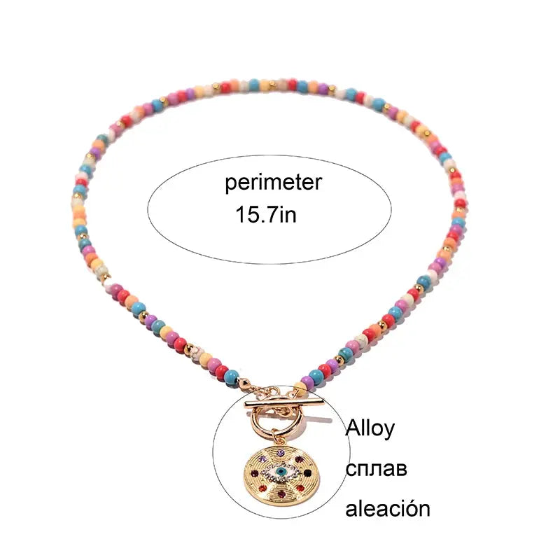 Colorful beaded 4mm choker necklace with round evil eye pendant and gold-tone alloy charm