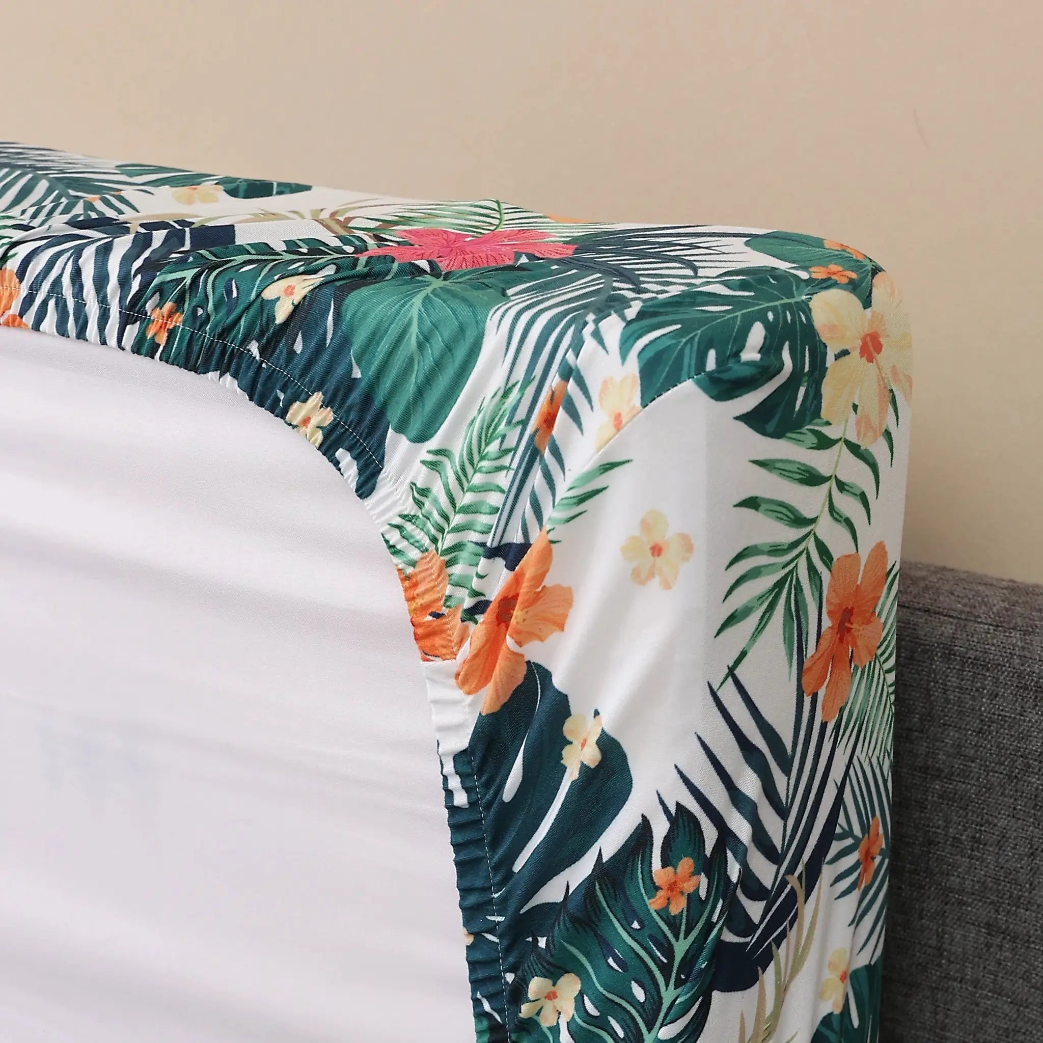 Outdoor tropical print sofa cushion cover with elastic edge, Simples Market, green leaves and orange flowers