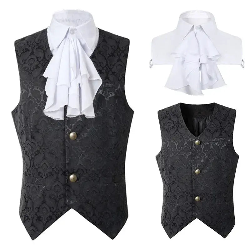 Men's black jacquard waistcoats (2) with gold buttons and a white cravat