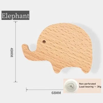 Wooden elephant wall hook, natural finish solid wood coat hook for children's room