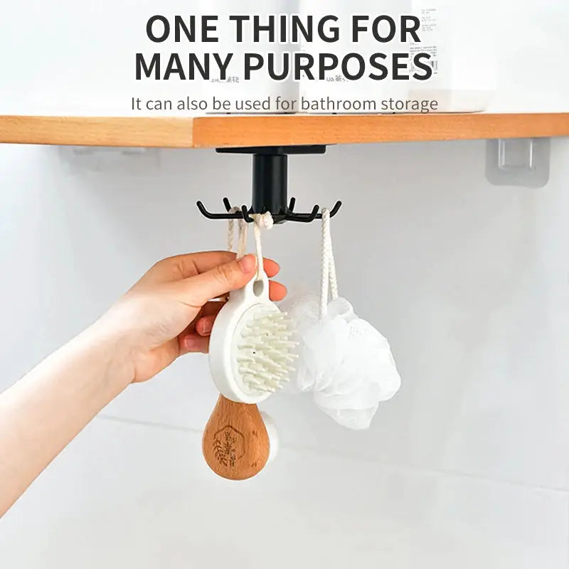360 rotating adhesive utensil organizer with 6 black no-drill cabinet hooks under a shelf