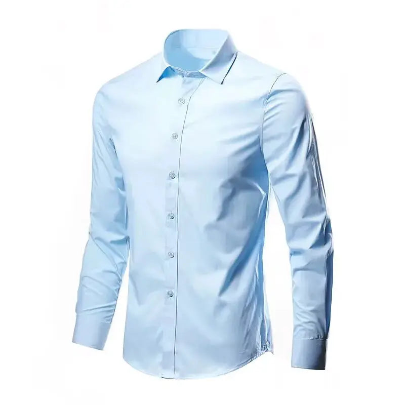 Men's light blue dress shirt, long sleeves, slim fit, button-down front, no pocket.
