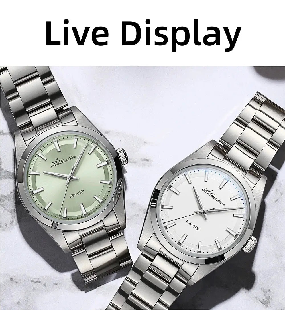 Two ADDIESDIVE 36mm AD2066 men's stainless steel watches, green and white dials, 100m water resistant.