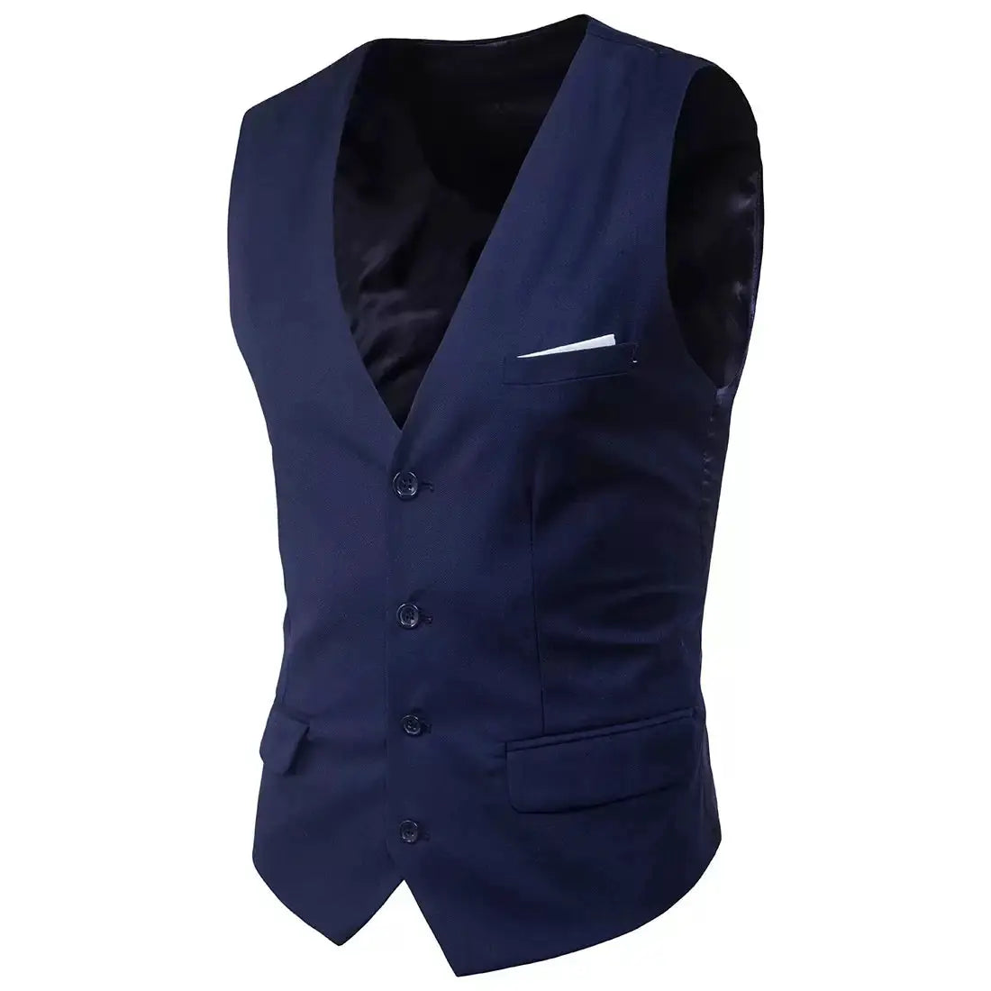 Men's navy suit vest waistcoat with five-button front and white pocket square, tailored fit.