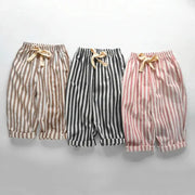 Spring Summer Kids Linen Cotton Striped Loose Pants Lace Up Vintage Casual Clothing For Boys And Girls
