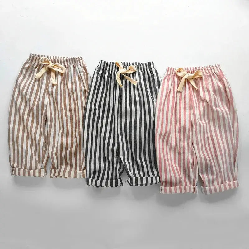 Spring Summer Kids Linen Cotton Striped Loose Pants Lace Up Vintage Casual Clothing For Boys And Girls