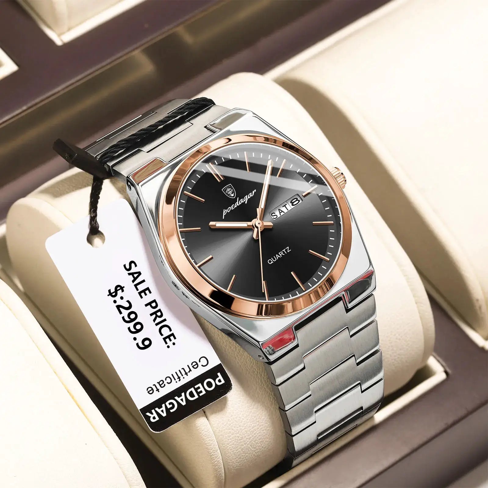 POEDAGAR men's luxury quartz watch in stainless steel with rose-gold bezel and black day-date dial