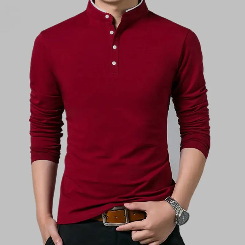 Simples Market men's long-sleeve burgundy polo with white button placket.