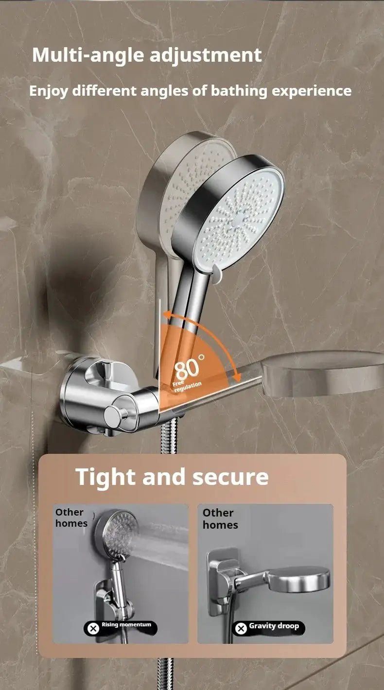 Simples Market round shower head holder; adjustable, wall-mounted, self-adhesive chrome bracket for handheld showers