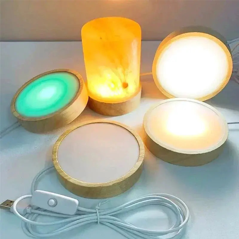 Round wooden LED night light bases set with USB cable; warm white and green glow, Simples Market