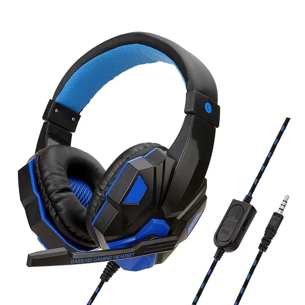 3.5mm wired gaming headset with microphone, black and blue, 120° adjustable mic, over-ear cushions
