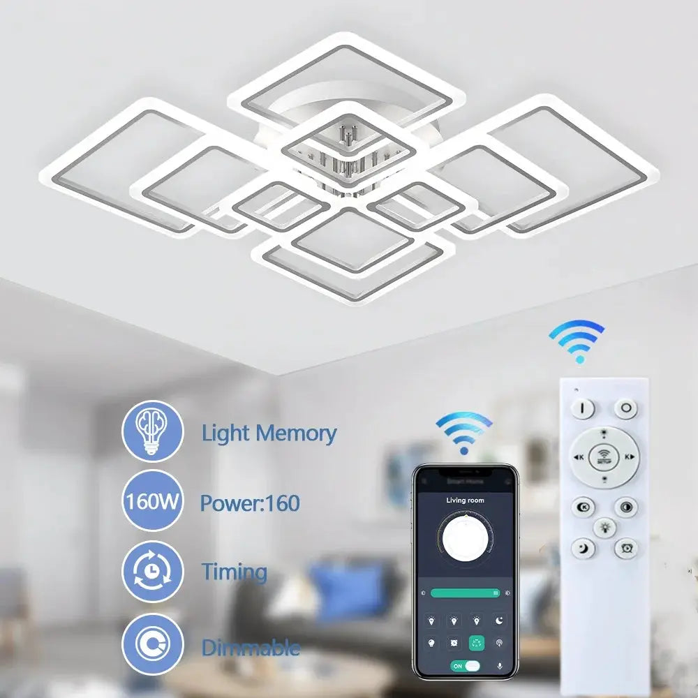 Square acrylic ceiling chandelier with geometric LED frames; smart app and remote control for living room