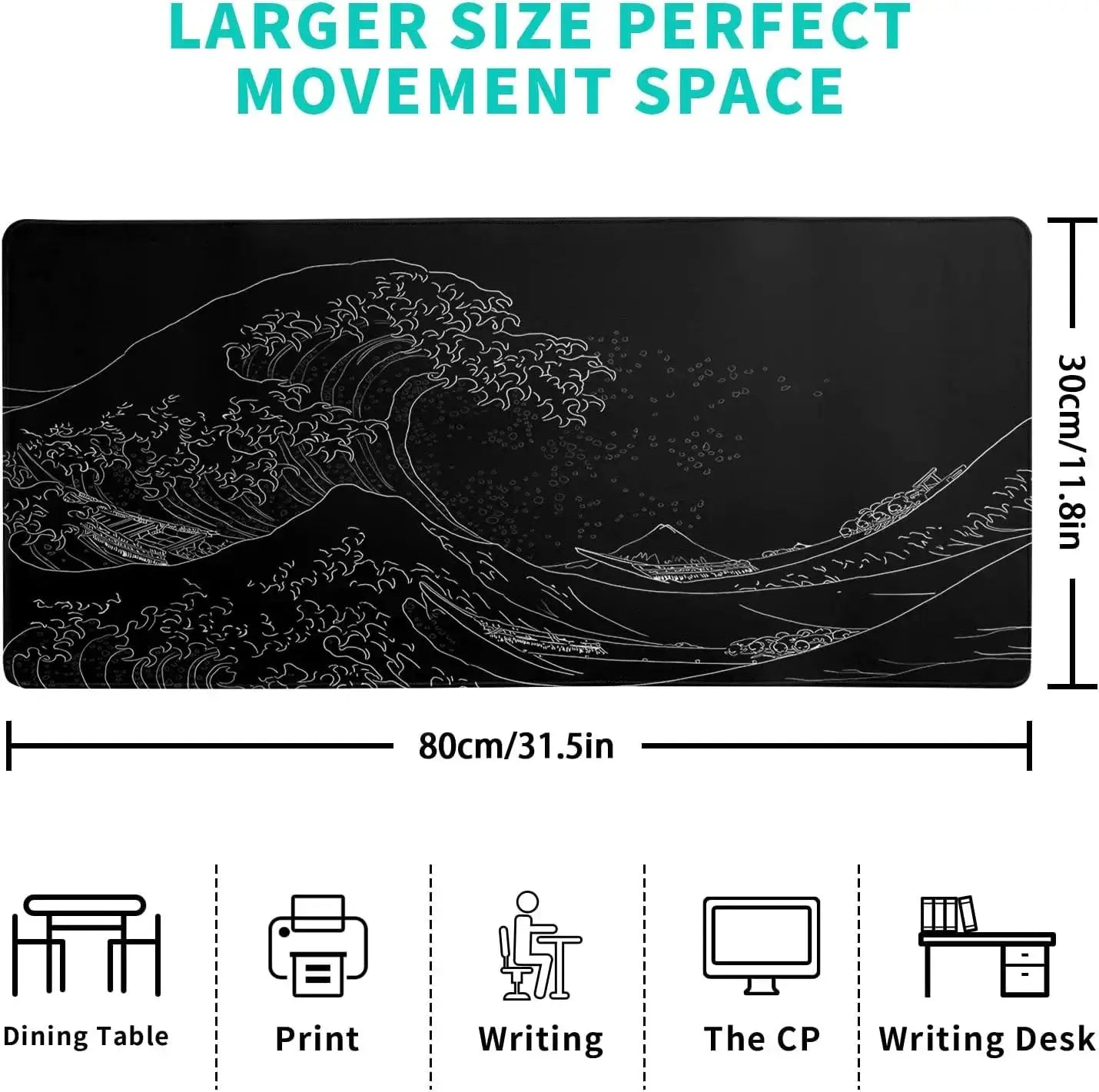 Japanese Sea Wave Large Mouse Pad Anime Black Gaming Extended Desk Mat 3mm Thick Non Slip Rubber Base