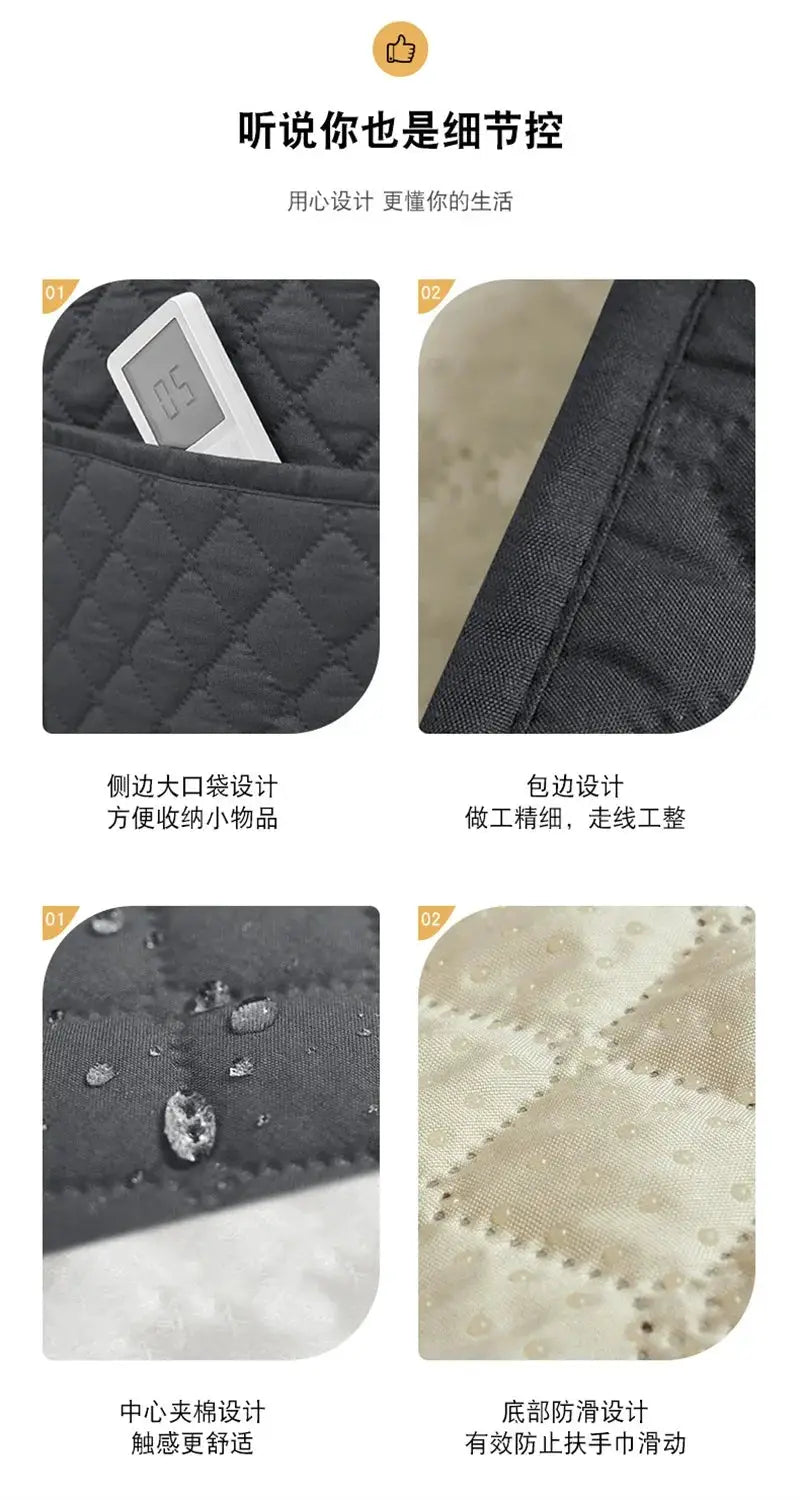 Sofa armrest cover with pockets by Simples Market, black quilted, water-repellent slipcover