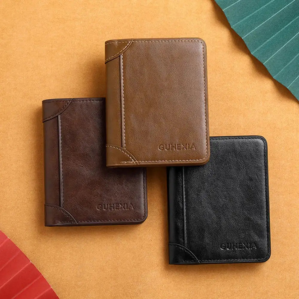 PU leather RFID wallet for men; 3-color set in black, brown, tan by GUHENIA