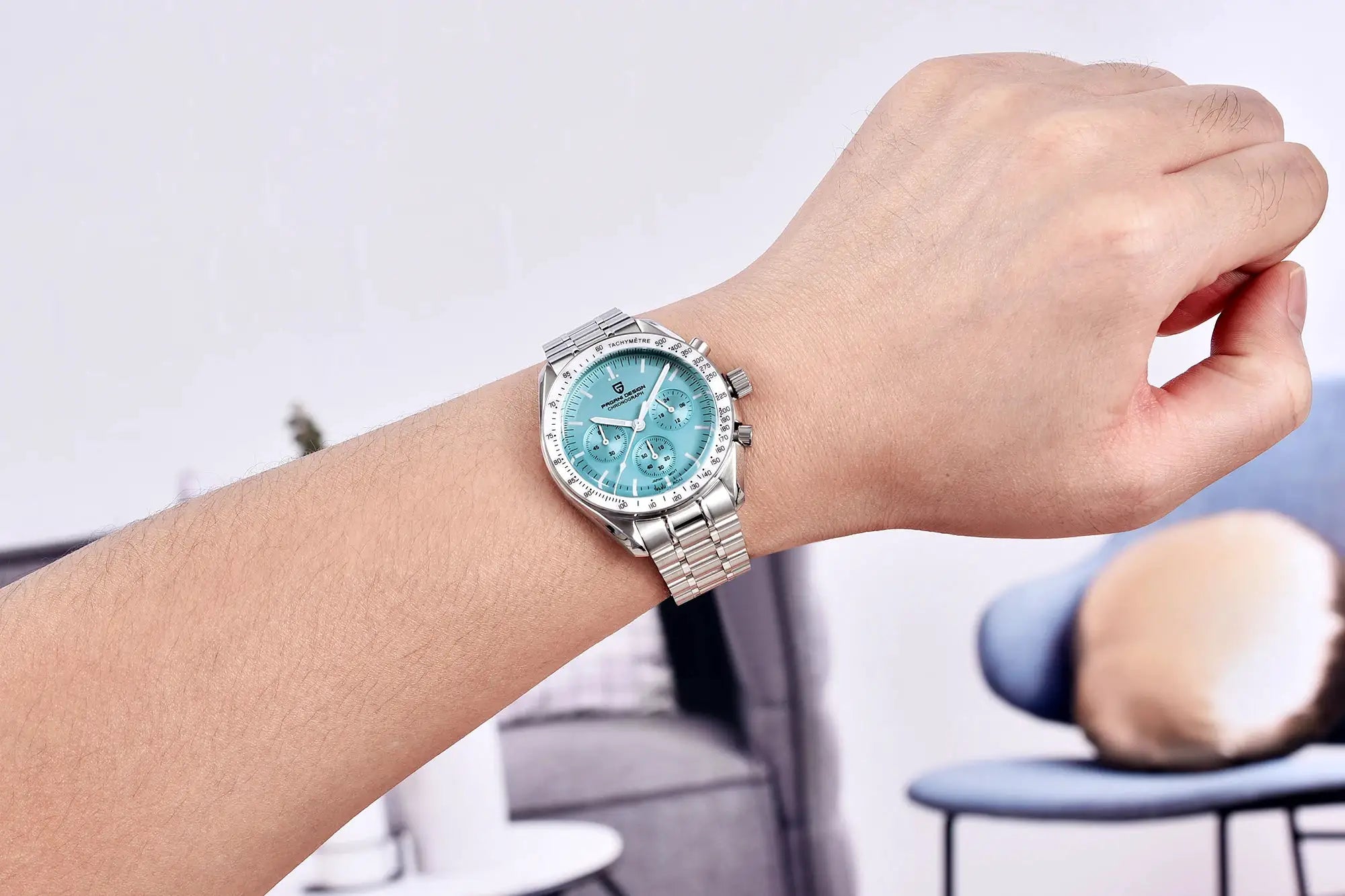 PAGANI DESIGN men's stainless steel chronograph watch with turquoise dial and tachymeter bezel