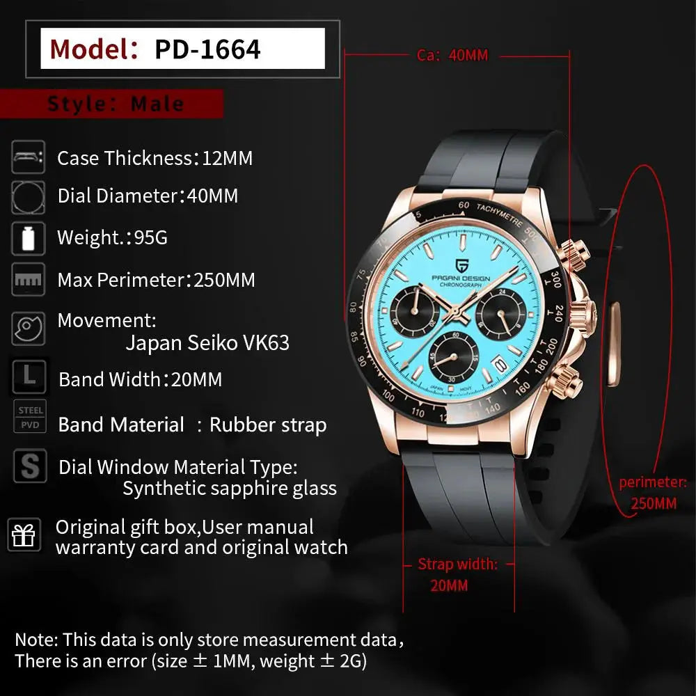 PAGANI DESIGN 40mm V2 sky blue dial chronograph men's watch, stainless steel case, rubber strap, sapphire glass