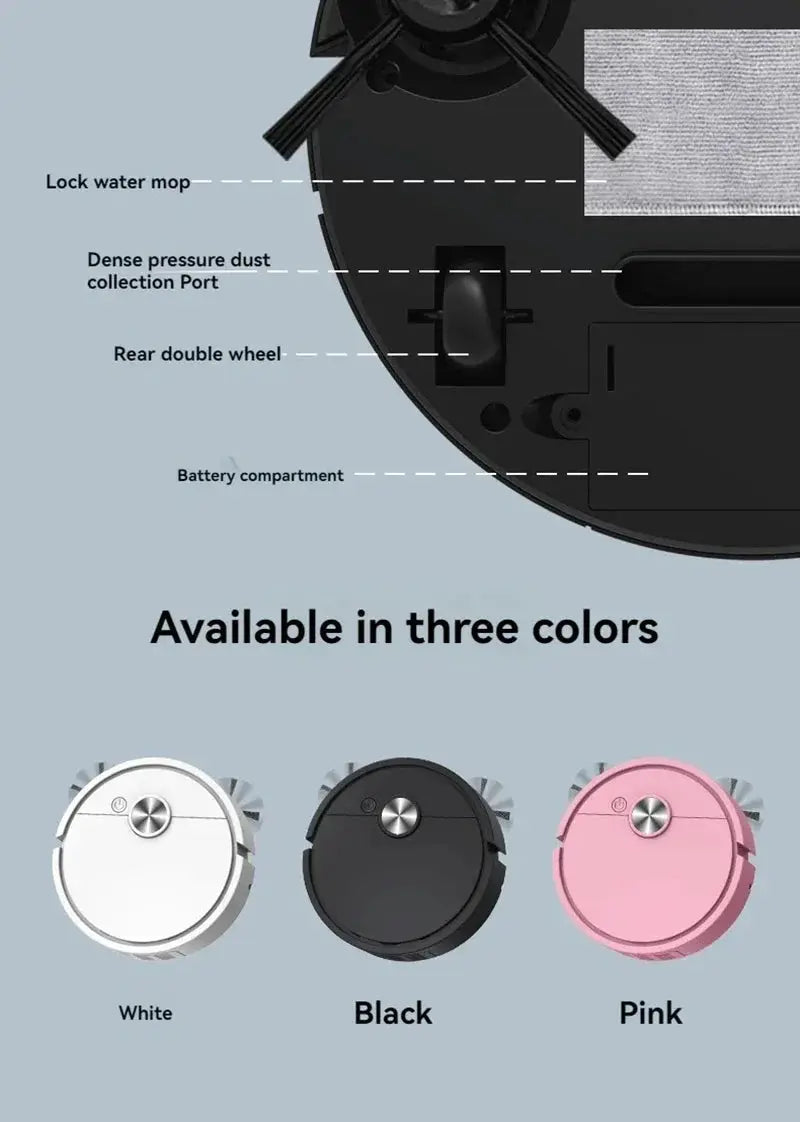Smart vacuum cleaning robot by Simples Market, mini mopping and sweeping, 3 color options: White, Black, Pink.