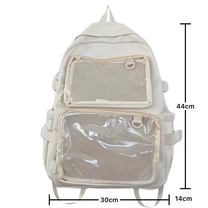 Simples Market Japanese Style Transparent Ita Bag backpack with two mesh front pockets and large capacity, beige color.