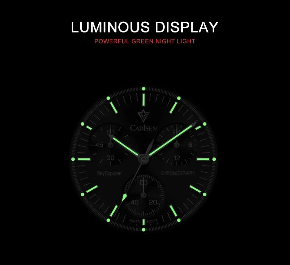 CADISEN men's watch with black dial, green luminous markers, and chronograph subdials