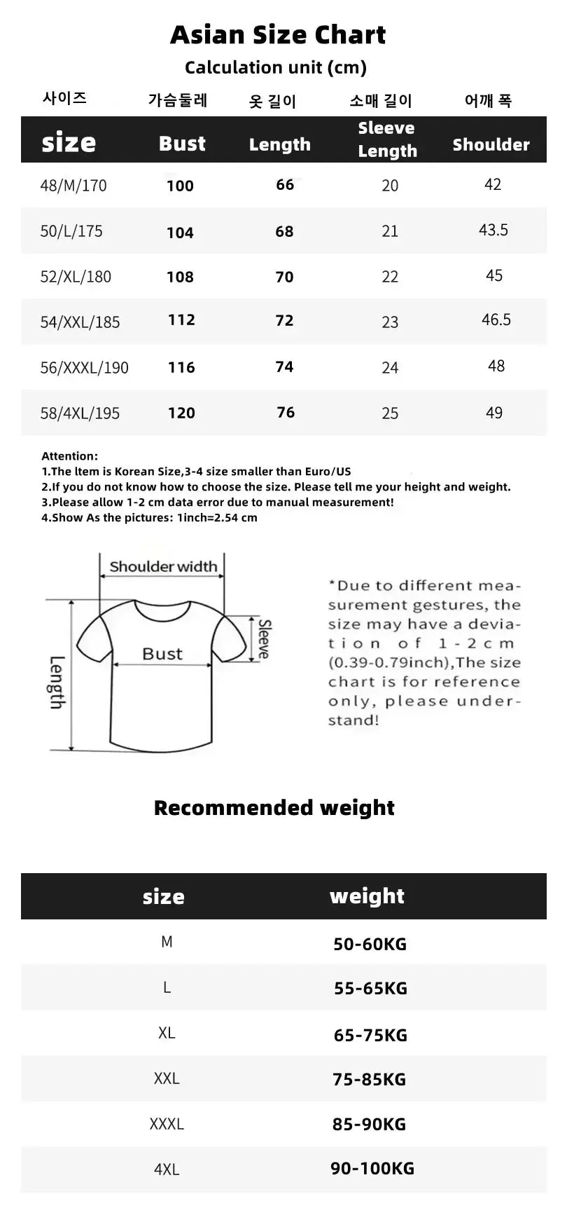 Polo shirt size chart by Simples Market showing Asian sizing and key measurements (bust, length, sleeve, shoulder).