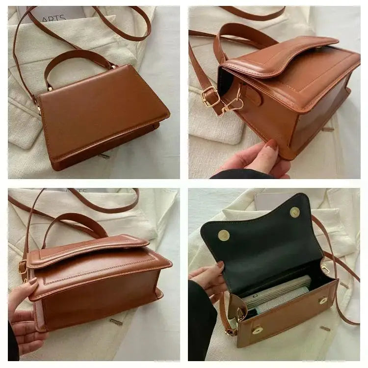 Simples Market brown PU leather small tote handbag for women with shoulder/crossbody strap and top flap