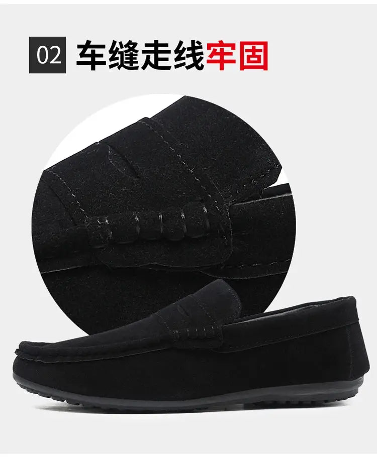 Casual men's black suede driving loafers with moccasin stitching and rubber sole