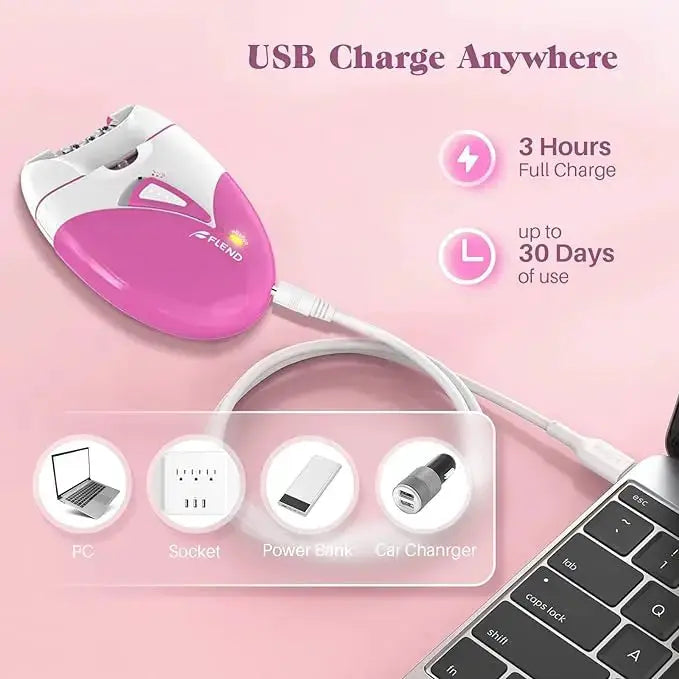 Kemei KM-189A pink USB-rechargeable body epilator, portable for face, underarms and legs