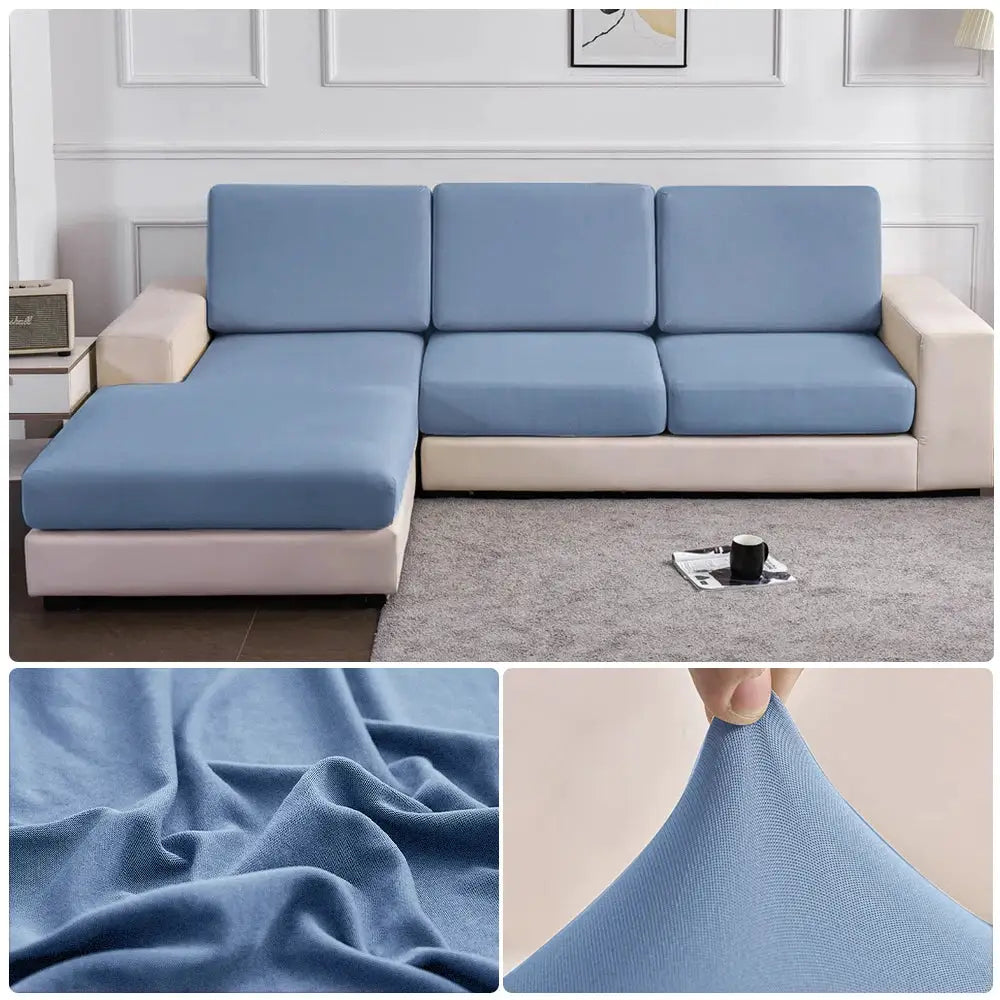 Outdoor elastic sofa cover for blue sectional cushions, solid fabric, dustproof slipcover