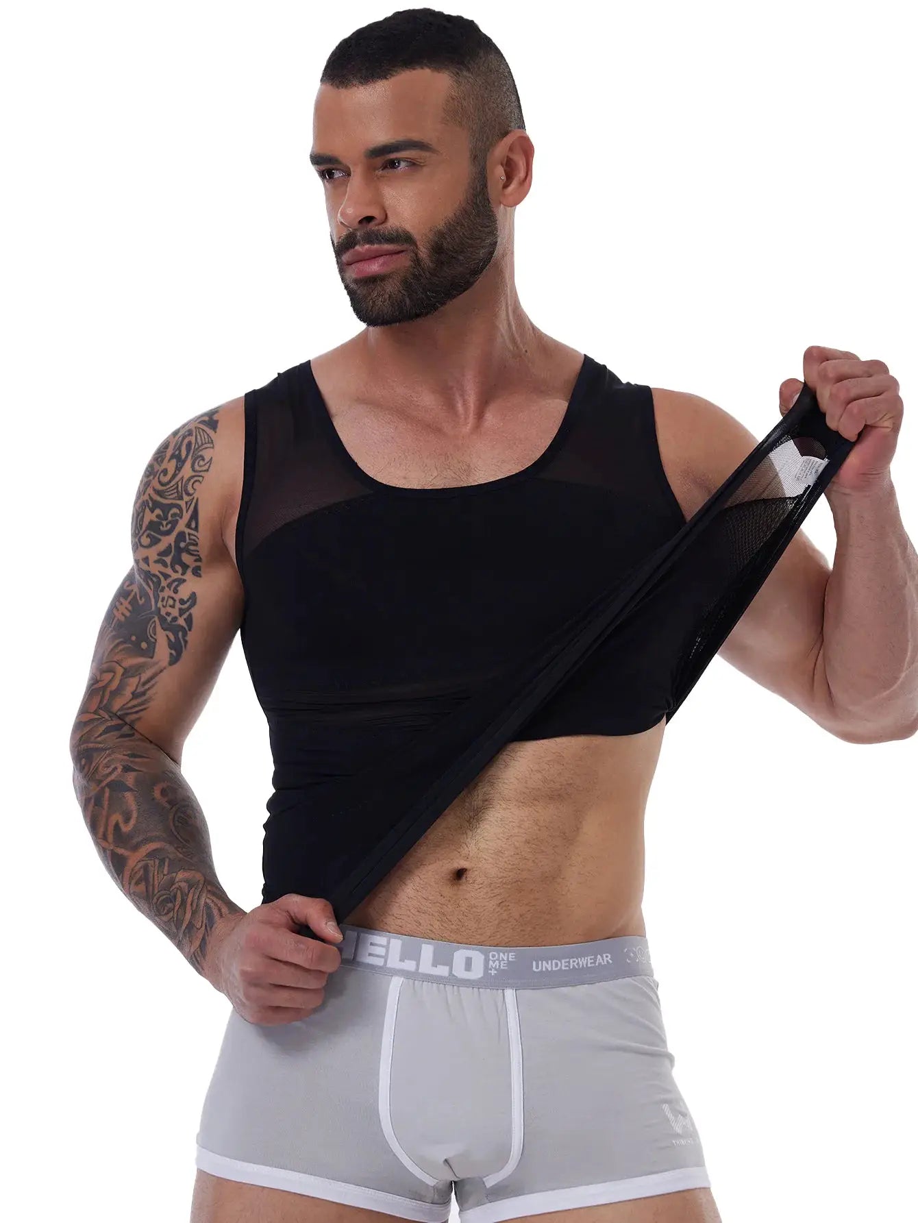 Simples Market men's shapewear tank top, black cross-mesh compression vest, breathable sleeveless undershirt