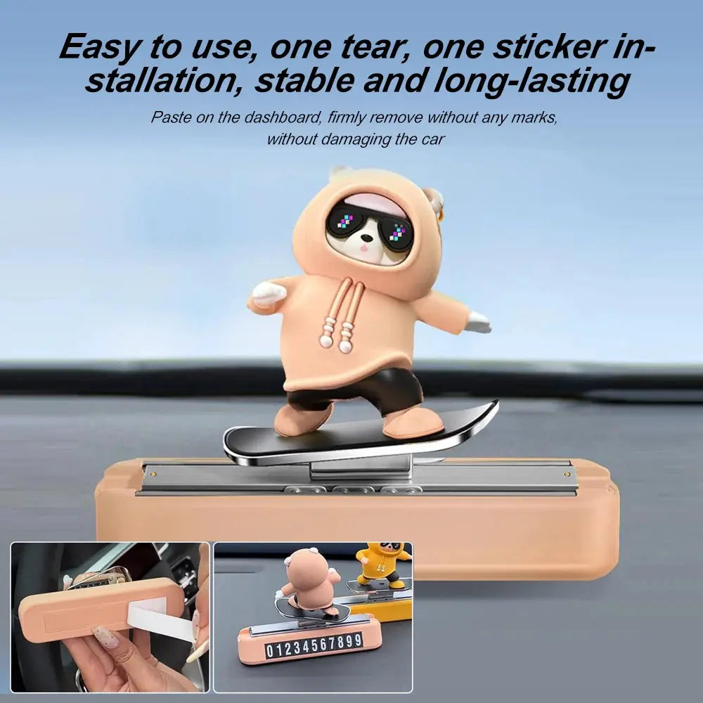 Skateboard Bear Magnetic Parking Number Plate For Dashboard Car Interior Decor Cartoon Ornament