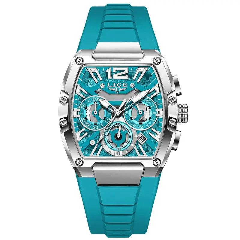 LIGE men's chronograph watch with turquoise silicone strap and silver metal case