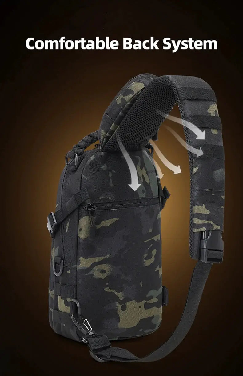 Tactical camouflage chest bag with MOLLE sling and adjustable shoulder strap for outdoor hiking