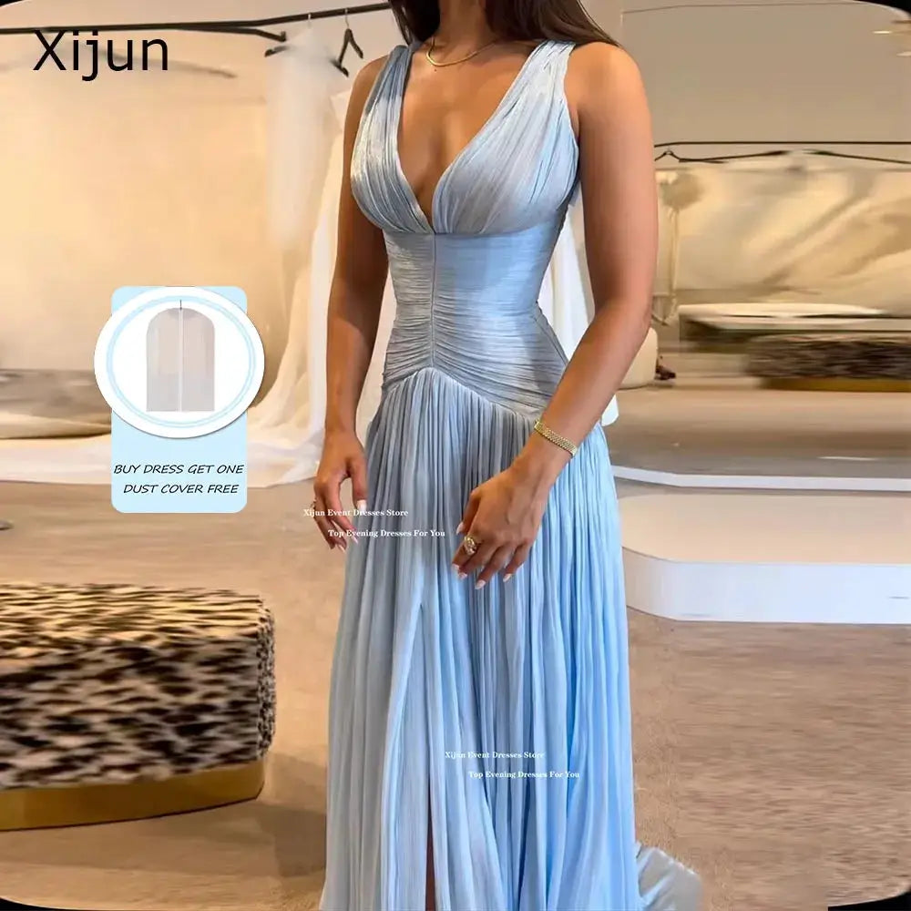 Xijun Blue Silk Satin Long Evening Dress V Neck Sleeveless Prom Gown