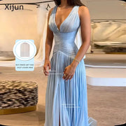 Xijun Blue Silk Satin Long Evening Dress V Neck Sleeveless Prom Gown