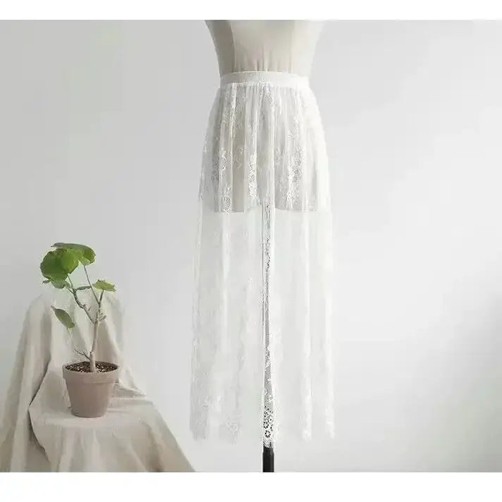 Simples Market white lace high-waist half slip underskirt with sheer overlay